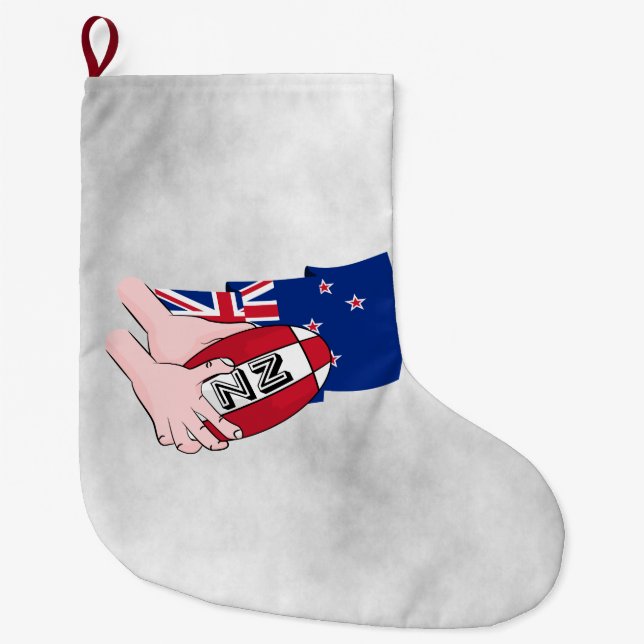 Cartoon Rugby Ball Pass New Zealand Flag Large Christmas Stocking (Front)