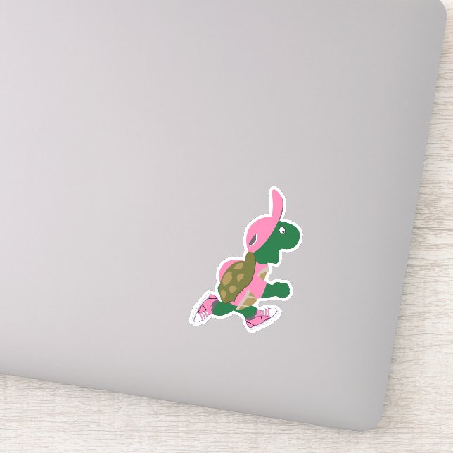 Cartoon Running Turtle Wearing Pink Hat Sticker (Detail)