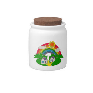 Cartoon rural scene with rainbow and country house candy jar