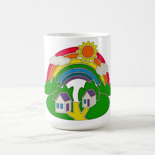 Cartoon rural scene with rainbow and country house coffee mug