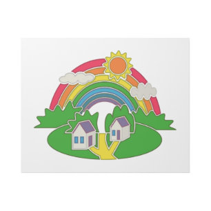 Cartoon rural scene with rainbow and country house gallery wrap