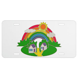 Cartoon rural scene with rainbow and country house license plate