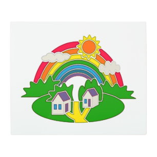 Cartoon rural scene with rainbow and country house metal print