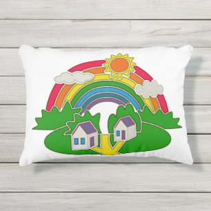Cartoon rural scene with rainbow and country house outdoor pillow