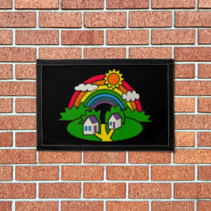 Cartoon rural scene with rainbow and country house pennant