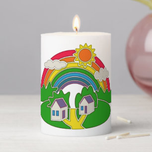 Cartoon rural scene with rainbow and country house pillar candle
