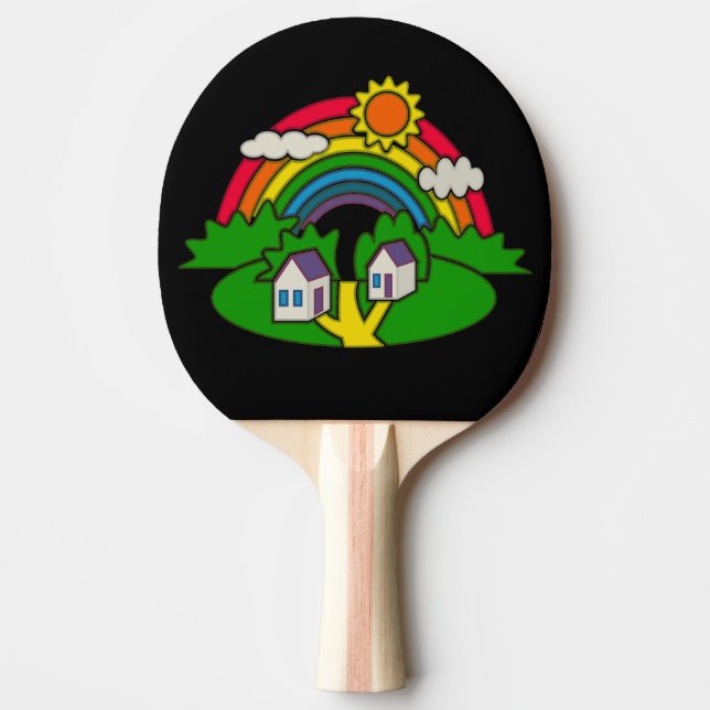 Cartoon rural scene with rainbow and country house ping pong paddle (Front)
