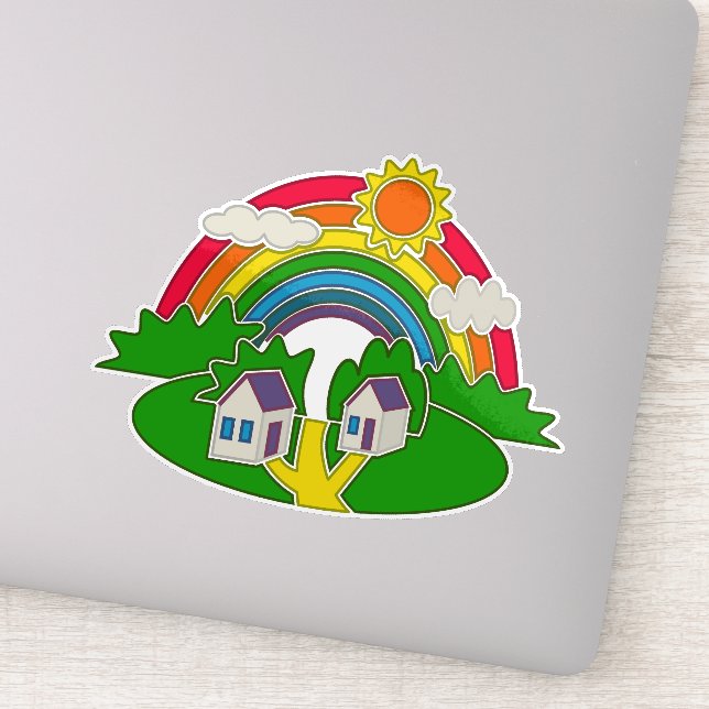 Cartoon rural scene with rainbow and country house sticker (Detail)