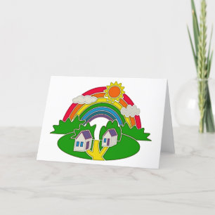 Cartoon rural scene with rainbow and country house thank you card