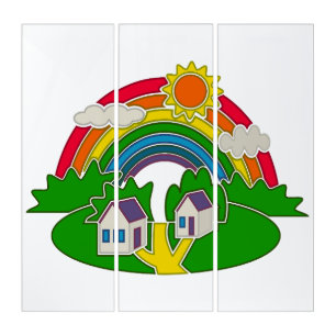 Cartoon rural scene with rainbow and country house triptych