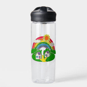 Cartoon rural scene with rainbow and country house water bottle