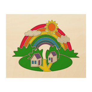 Cartoon rural scene with rainbow and country house wood wall art