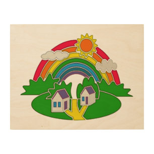 Cartoon rural scene with rainbow and country house wood wall art