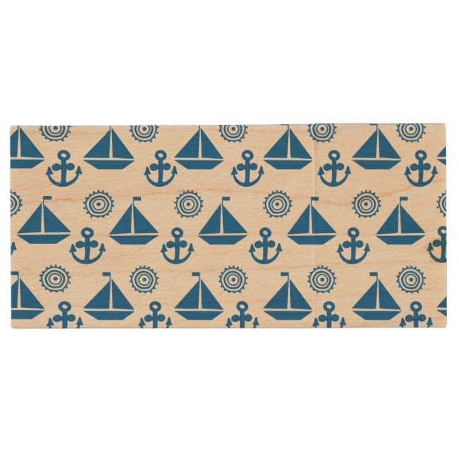 Cartoon Sail Boat Pattern Wood Flash Drive (Front)