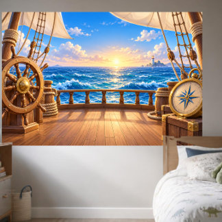 Cartoon Sailing Ship Deck Ocean Adventure Photo Banner
