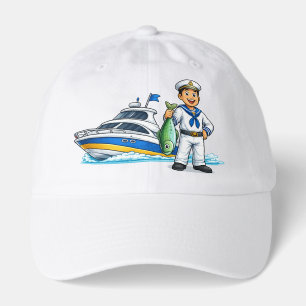 Cartoon Sailor with Yacht and Fish Nautical Art Hat