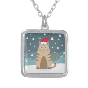 Cartoon santa cat snow xmas night  silver plated necklace