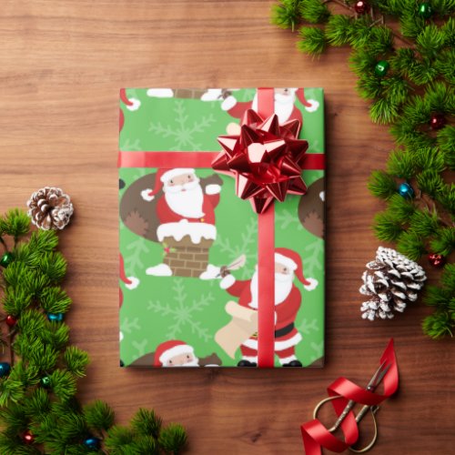 Cartoon Santa Claus Chimney Christmas Eve Green Wrapping Paper