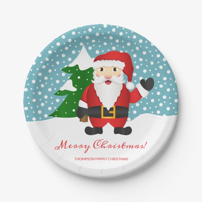 Cartoon Santa Claus Custom Event Name Christmas Paper Plates (Front)