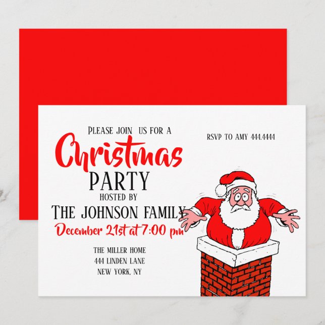 Cartoon Santa Claus got stuck in the chimney       Invitation (Front/Back)