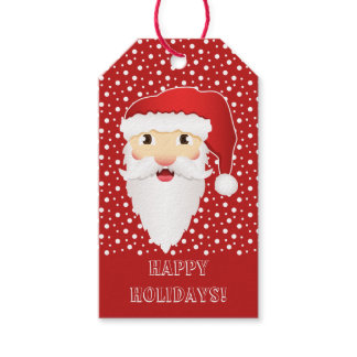 Cartoon Santa Claus Head &amp; Happy Holidays Text Red Gift Tags