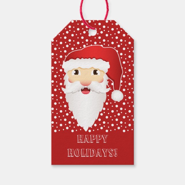 Cartoon Santa Claus Head & Happy Holidays Text Red Gift Tags (Front)
