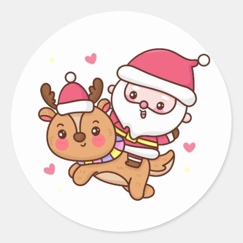 Cartoon Santa Claus riding reindeer Classic Round Sticker