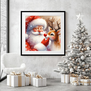 Cartoon Santa Claus Rudolph Christmas Wall Art Kid