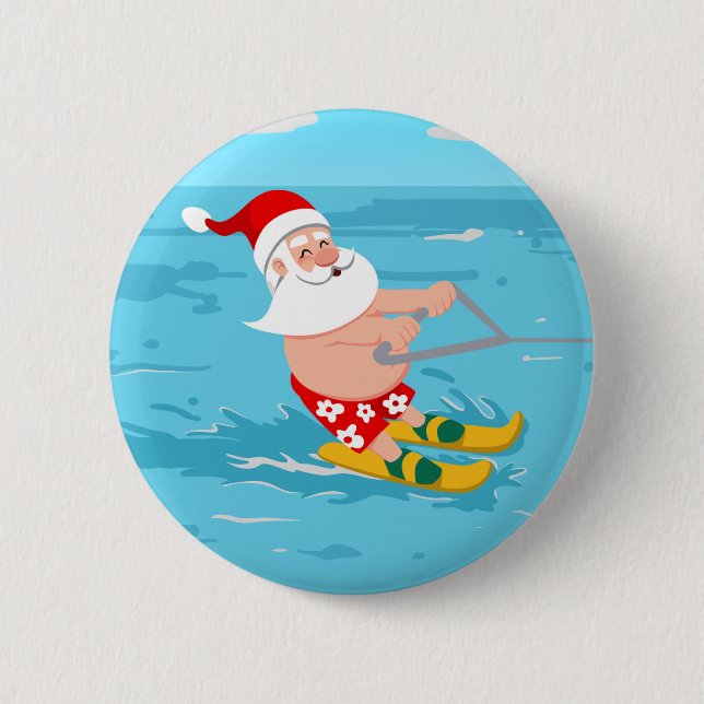 Cartoon Santa Claus water skiing Button (Front)
