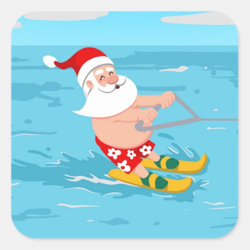 Cartoon Santa Claus water skiing Square Sticker