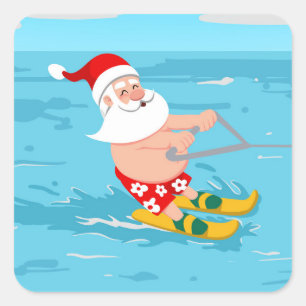 Cartoon Santa Claus water skiing Square Sticker