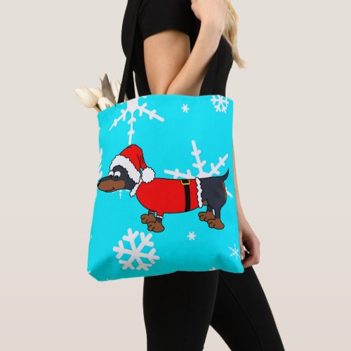 Cartoon Santa Dachshund Dog Snowflake Tote Bag