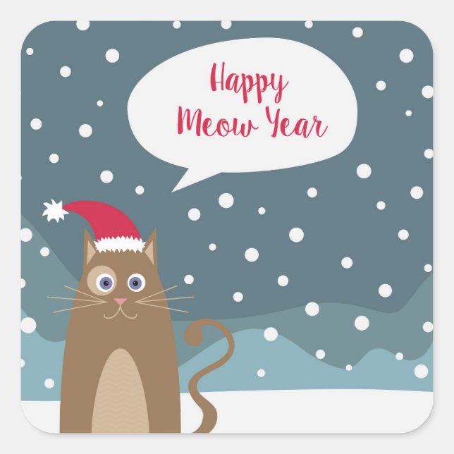 Cartoon santa hat happy kitten snowflake forest square sticker (Front)