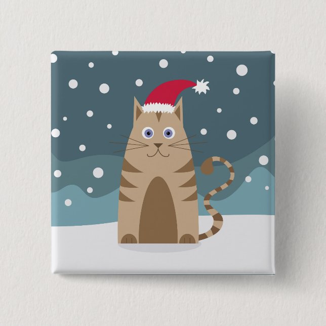 Cartoon santa kitten in snow forest button (Front)