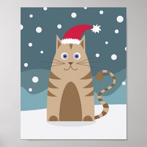 Cartoon santa kitten in snow xmas landscape poster