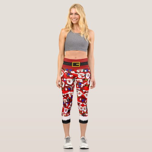 Cartoon Santa pattern cute Christmas Holiday Capri Leggings