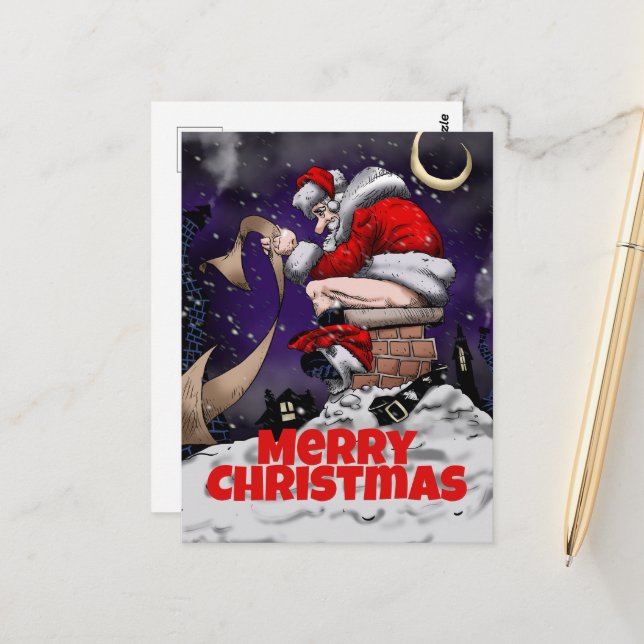 Cartoon Santa sitting on the chimney Postcard (Front/Back In Situ)