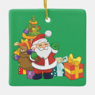 Cartoon Santa with Christmas Tree & Presents Ceramic Ornament
