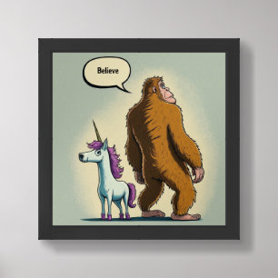 Cartoon Sasquatch and Unicorn Saying Believe Framed Art