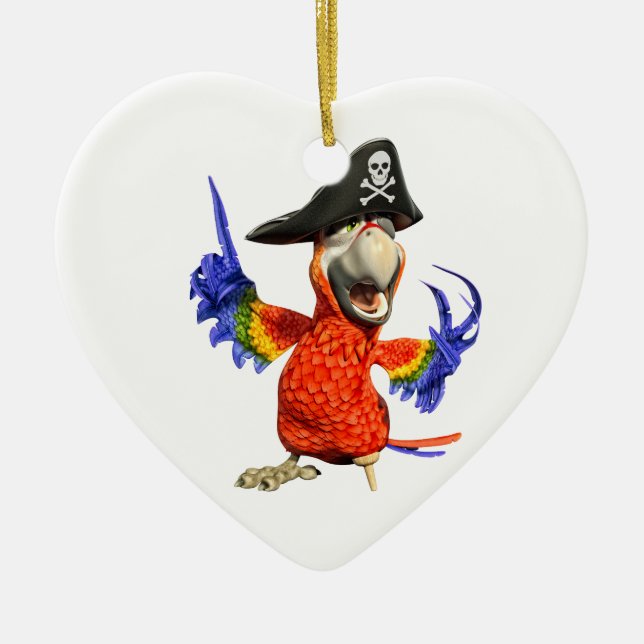 Cartoon Scarlet Macaw Pirate Parrot Ceramic Ornament (Front)