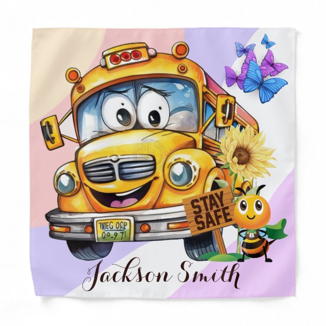 Cartoon School Bus Driver Stay Safe Personalized Bandana (Front)
