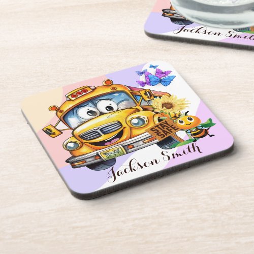 Cartoon School Bus Driver Stay Safe Personalized Beverage Coaster