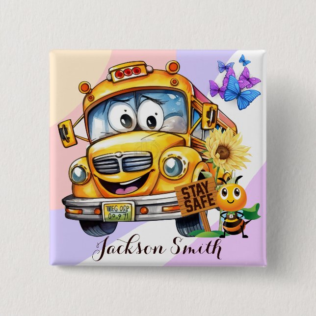 Cartoon School Bus Driver Stay Safe Personalized Button (Front)
