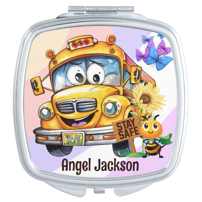 Cartoon School Bus Driver Stay Safe Personalized Compact Mirror (Front)
