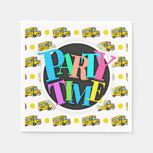 Cartoon School Bus, Yellow & White Polka Dots Paper Napkins (Front)