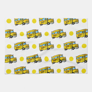 Cartoon School Bus, Yellow & White Polka Dots Towel