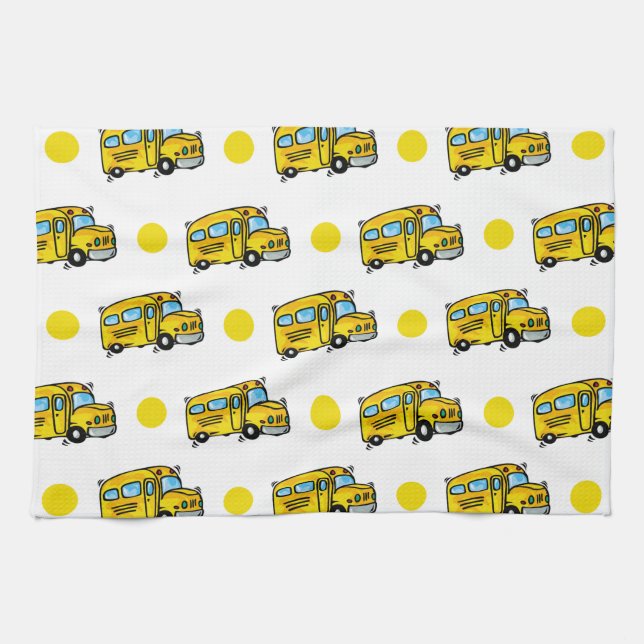 Cartoon School Bus, Yellow & White Polka Dots Towel (Horizontal)