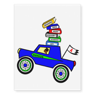 Cartoon Schoolboy Genius Driving Car Books on Top Temporary Tattoos