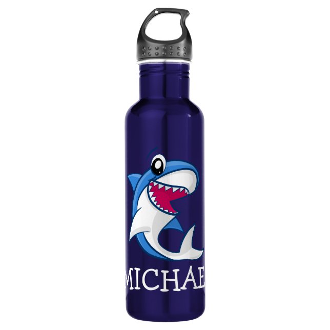 Cartoon Sea Life Blue Shark Name Fun Kids Marine Stainless Steel Water Bottle (Front)