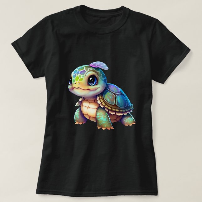 Cartoon Sea Turtle With Vibrant Shell  T-Shirt (Design Front)